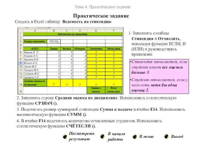 2. Заполнить строку Средняя оценка по дисциплине. Использовать статистическую функцию СРЗНАЧ ().