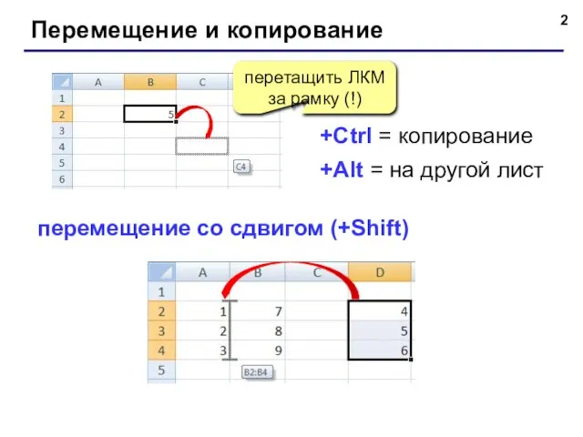 Перемещение и копирование перетащить ЛКМ за рамку (!) +Ctrl = копирование +Alt