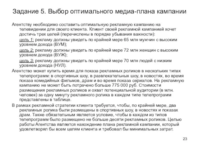 Задание 5. Выбор оптимального медиа-плана кампании Агентству необходимо составить оптимальную рекламную кампанию