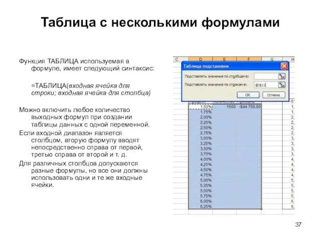 Таблица с несколькими формулами Функция ТАБЛИЦА используемая в формуле, имеет следующий синтаксис: