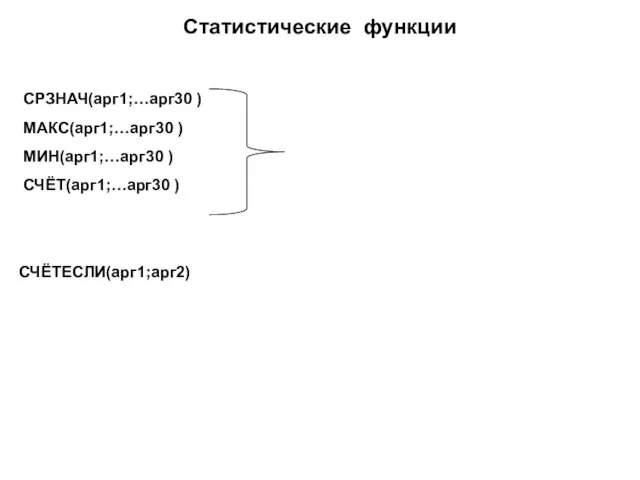 Статистические функции СРЗНАЧ(арг1;…арг30 ) МАКС(арг1;…арг30 ) МИН(арг1;…арг30 ) СЧЁТ(арг1;…арг30 ) СЧЁТЕСЛИ(арг1;арг2)