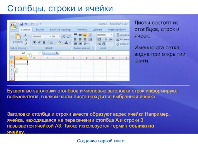 Создание первой книги Создание первой книги Столбцы, строки и ячейки Листы состоят