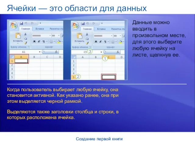 Создание первой книги Создание первой книги Ячейки — это области для данных