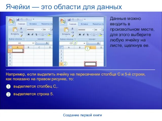 Создание первой книги Создание первой книги Ячейки — это области для данных