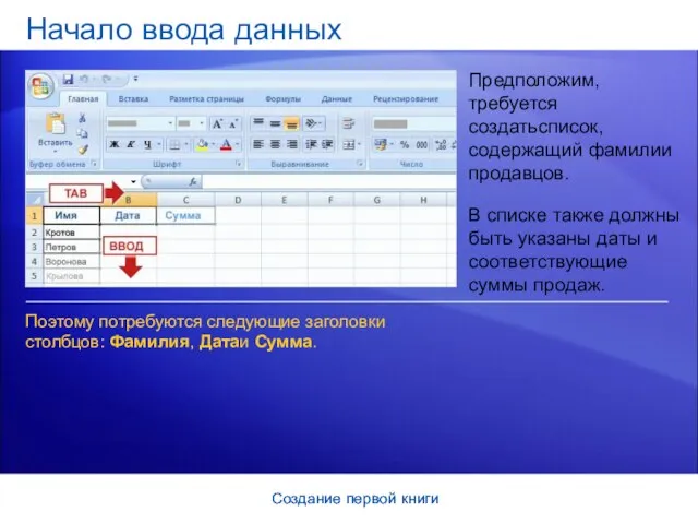 Создание первой книги Создание первой книги Начало ввода данных Предположим, требуется создатьсписок,