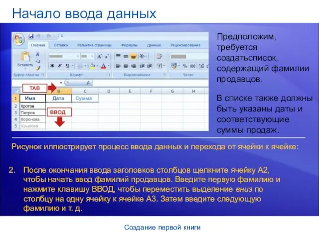 Создание первой книги Создание первой книги Начало ввода данных Предположим, требуется создатьсписок,
