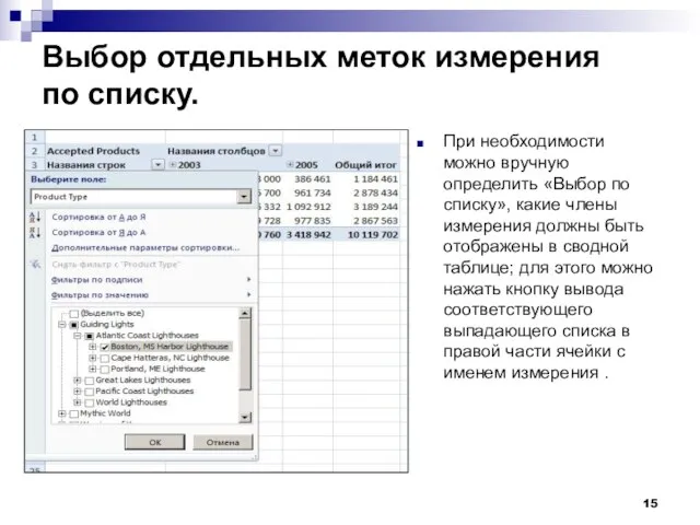 Выбор отдельных меток измерения по списку. При необходимости можно вручную определить «Выбор