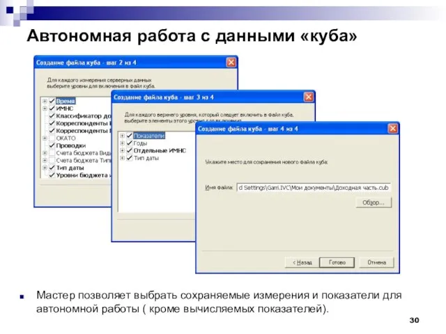 Автономная работа с данными «куба» Мастер позволяет выбрать сохраняемые измерения и показатели