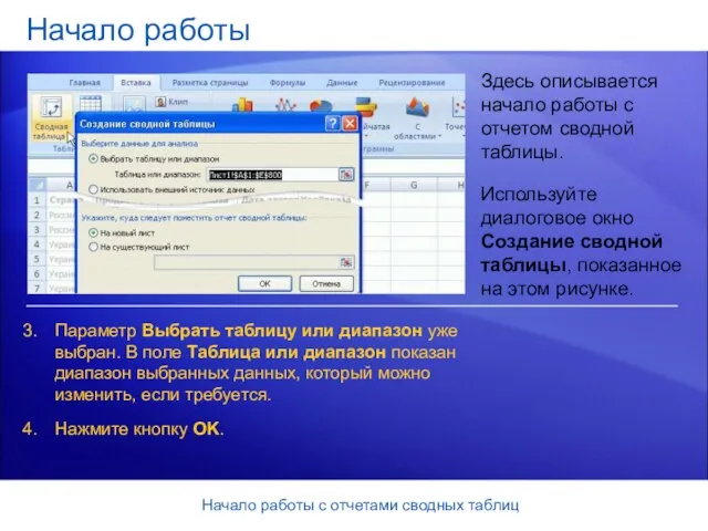 Начало работы с отчетами сводных таблиц Начало работы Здесь описывается начало работы