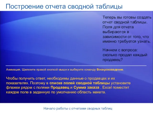 Начало работы с отчетами сводных таблиц Построение отчета сводной таблицы Теперь вы