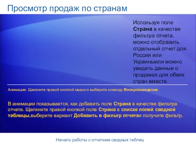 Начало работы с отчетами сводных таблиц Просмотр продаж по странам Используя поле