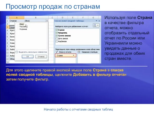 Начало работы с отчетами сводных таблиц Просмотр продаж по странам Используя поле