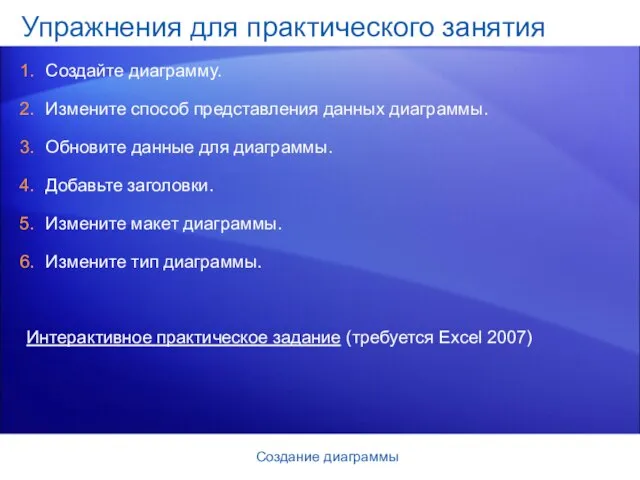 Создание диаграммы Упражнения для практического занятия Создайте диаграмму. Измените способ представления данных