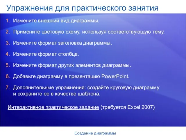 Создание диаграммы Упражнения для практического занятия Измените внешний вид диаграммы. Примените цветовую