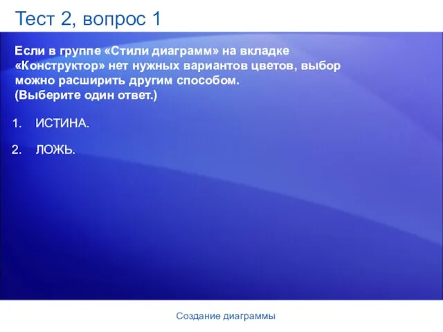 Создание диаграммы Тест 2, вопрос 1 Если в группе «Стили диаграмм» на