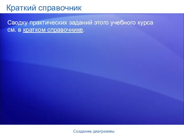 Создание диаграммы Краткий справочник Сводку практических заданий этого учебного курса см. в кратком справочнике.