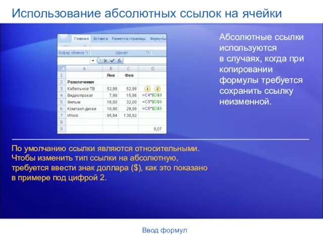 Ввод формул Использование абсолютных ссылок на ячейки Абсолютные ссылки используются в случаях,