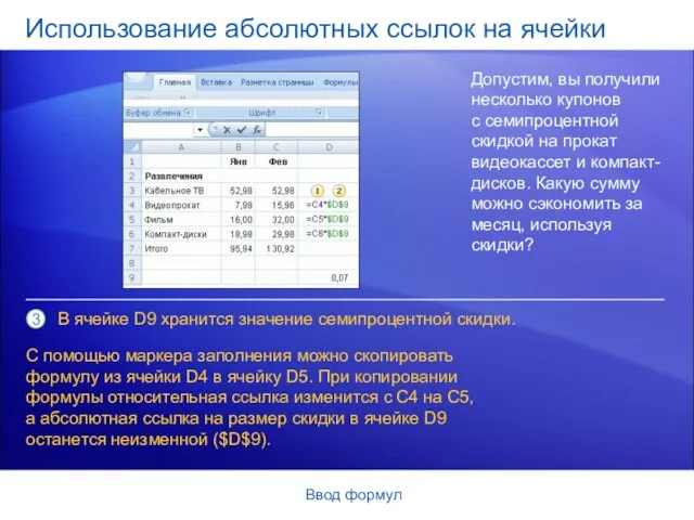 Ввод формул Использование абсолютных ссылок на ячейки Допустим, вы получили несколько купонов