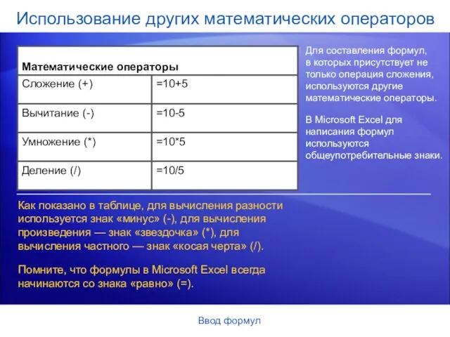 Ввод формул Использование других математических операторов Для составления формул, в которых присутствует