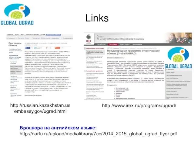 Links http://russian.kazakhstan.usembassy.gov/ugrad.html http://www.irex.ru/programs/ugrad/ Брошюра на английском языке: http://narfu.ru/upload/medialibrary/7cc/2014_2015_global_ugrad_flyer.pdf