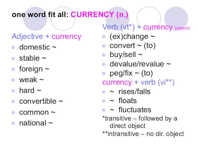 one word fit all: CURRENCY (n.) Adjective + currency domestic ~ stable