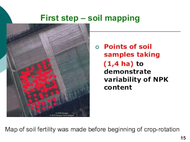 First step – soil mapping Points of soil samples taking (1,4 ha)