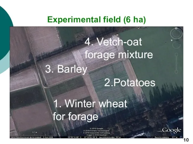 Experimental field (6 ha) 10 1. Winter wheat for forage 3. Barley