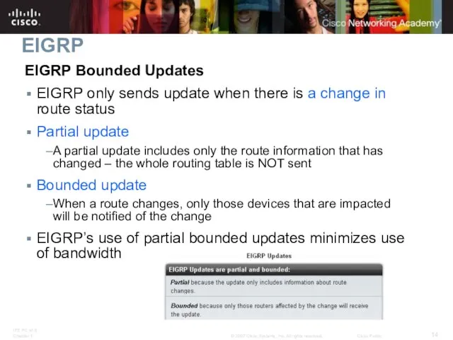 EIGRP EIGRP Bounded Updates EIGRP only sends update when there is a