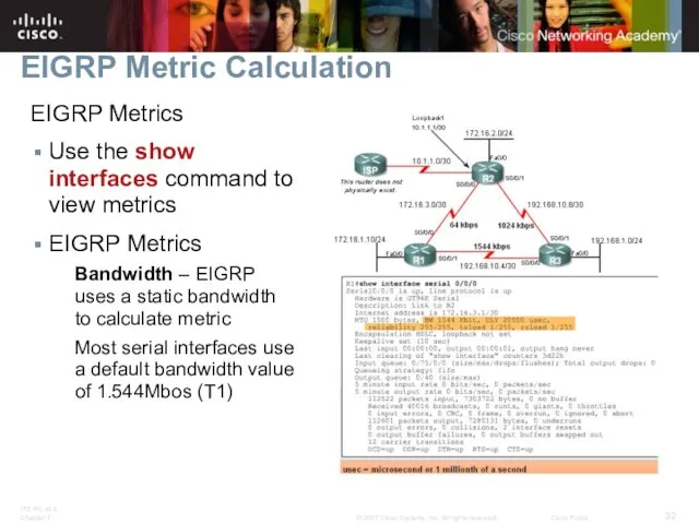 EIGRP Metric Calculation EIGRP Metrics Use the show interfaces command to view