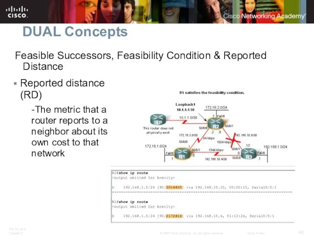 DUAL Concepts Reported distance (RD) -The metric that a router reports to