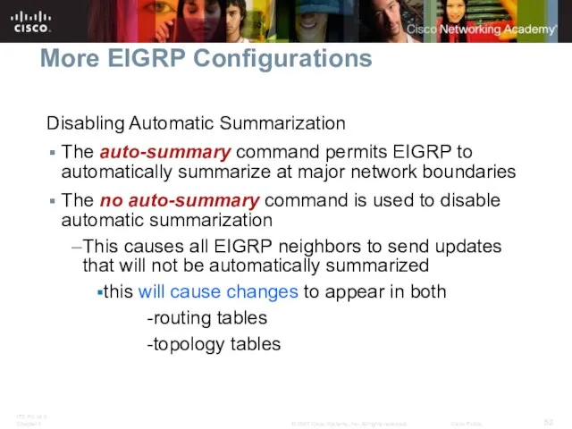 More EIGRP Configurations Disabling Automatic Summarization The auto-summary command permits EIGRP to