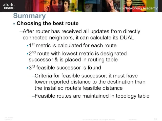 Summary Choosing the best route After router has received all updates from