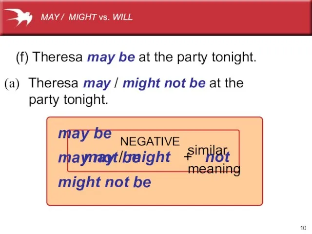 (f) Theresa may be at the party tonight. Theresa may / might