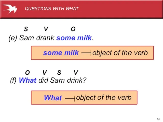 (e) Sam drank some milk. (f) What did Sam drink? S V