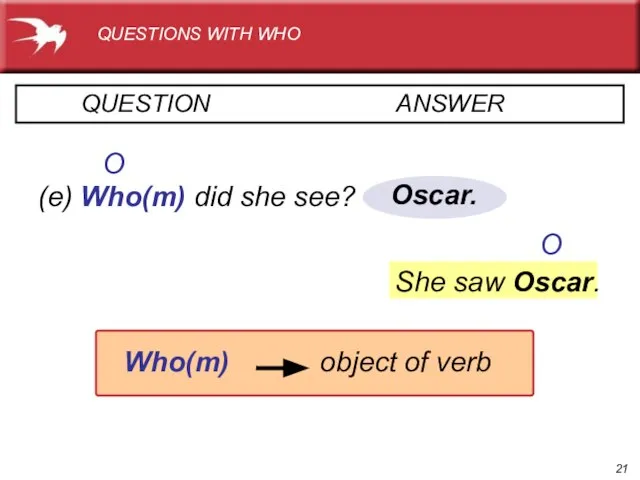 Oscar. QUESTION ANSWER (e) Who(m) did she see? Who(m) object of verb