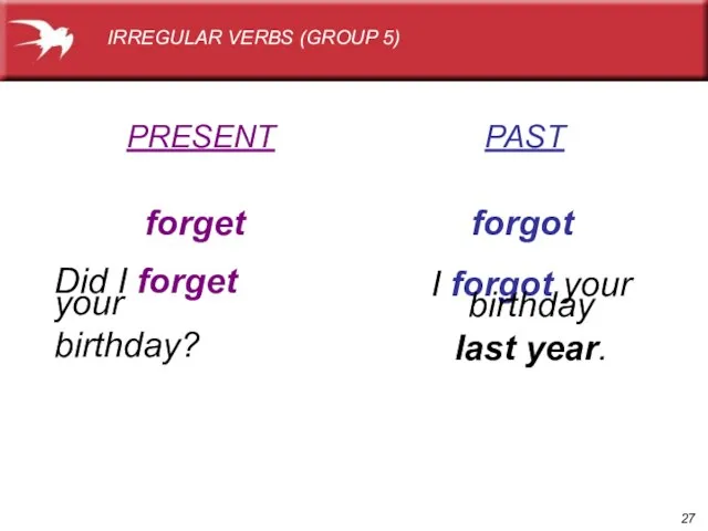 PRESENT PAST forget forgot Did I forget your birthday? I forgot your