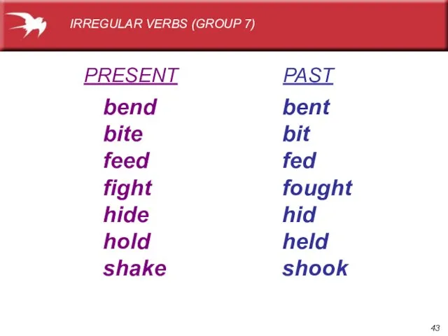 PRESENT PAST bend bent bite bit feed fed fight fought hide hid