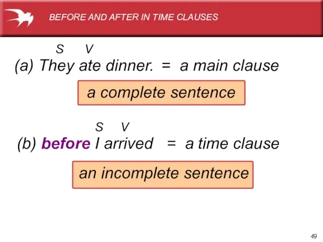 (a) They ate dinner. S V a complete sentence = a main