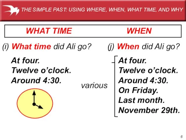 WHEN (i) What time did Ali go? At four. Twelve o’clock. Around