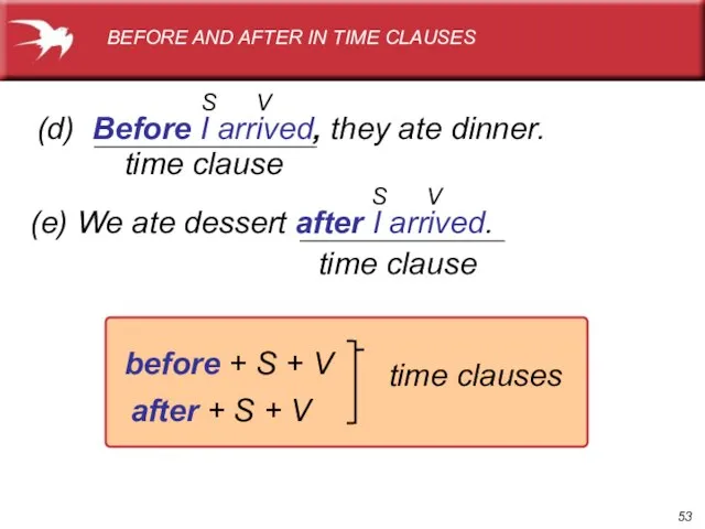 (d) Before I arrived, they ate dinner. time clause before + S