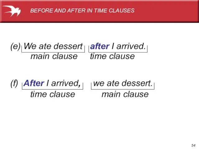 (e) We ate dessert after I arrived. main clause time clause (f)