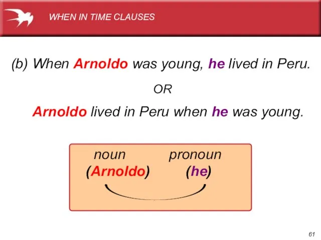 Arnoldo lived in Peru when he was young. noun pronoun (Arnoldo) (he)