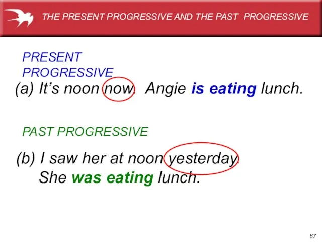 (a) It’s noon now. Angie is eating lunch. PRESENT PROGRESSIVE (b) I