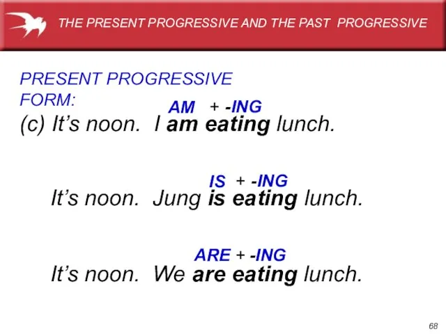 (c) It’s noon. I am eating lunch. PRESENT PROGRESSIVE FORM: AM IS