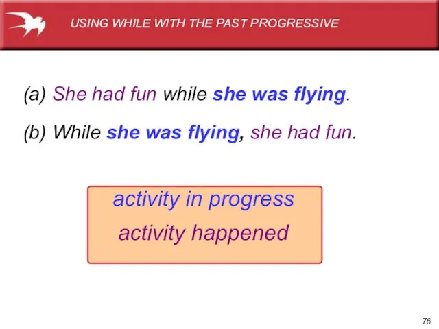 (a) She had fun while she was flying. (b) While she was