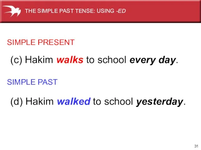 SIMPLE PRESENT SIMPLE PAST (c) Hakim walks to school every day. (d)