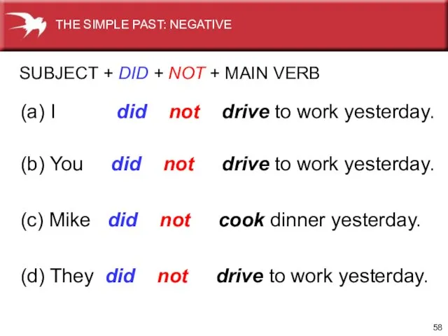 SUBJECT + DID + NOT + MAIN VERB (a) I did not