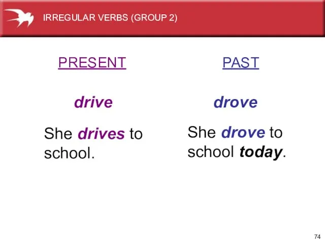 PRESENT PAST drive drove She drives to school. She drove to school