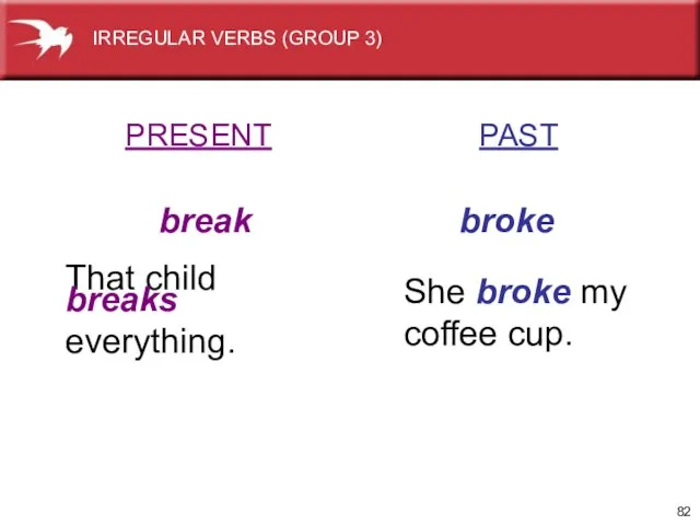 PRESENT PAST break broke That child breaks everything. She broke my coffee