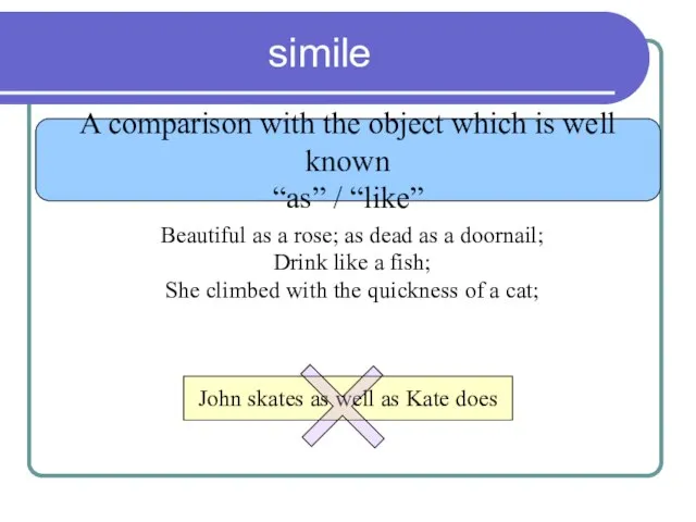simile A comparison with the object which is well known “as” /